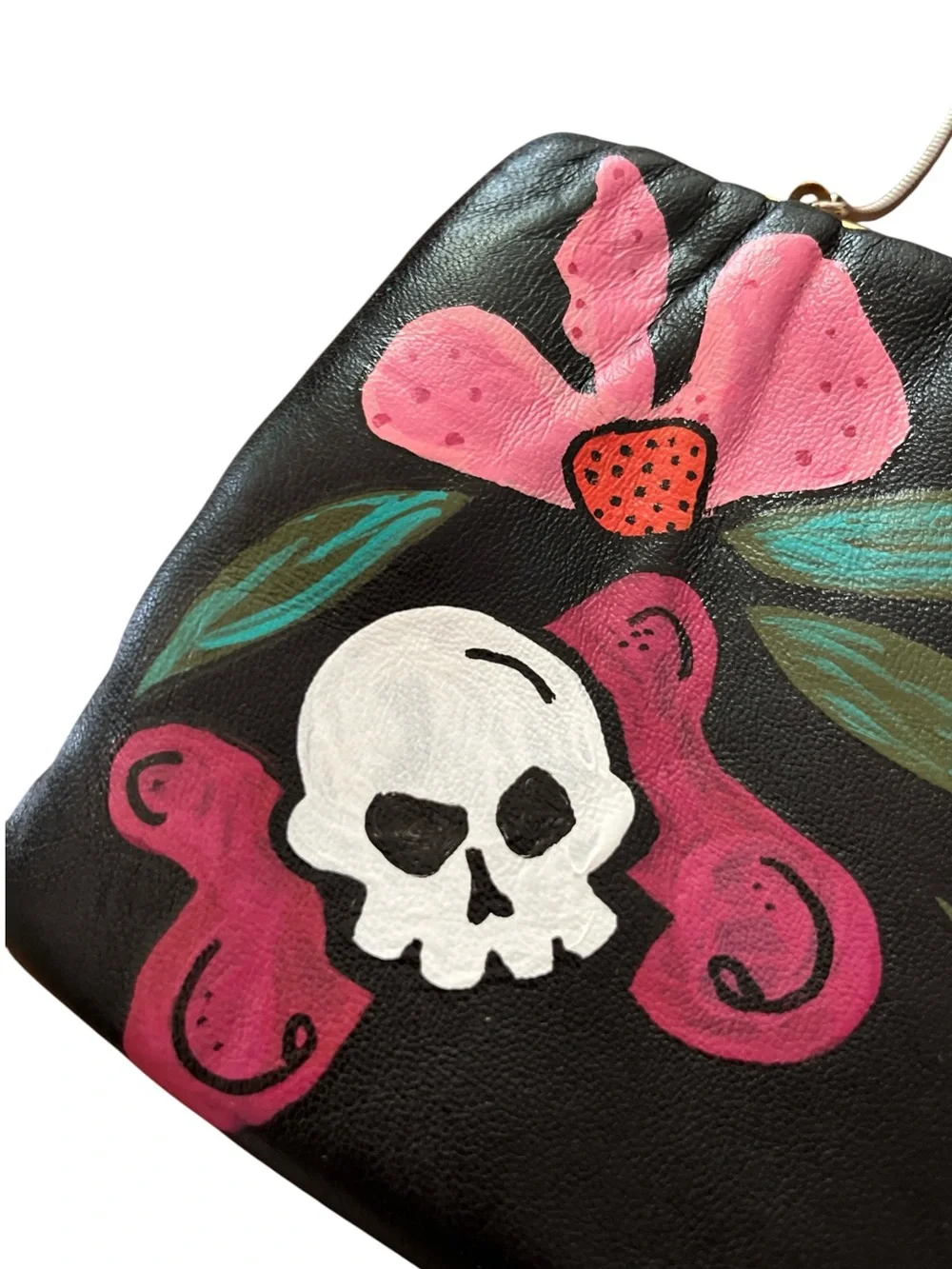 Vintage Genuine Black Leather Purse Hand Painted Floral Skull Butterfly Bag OOAK